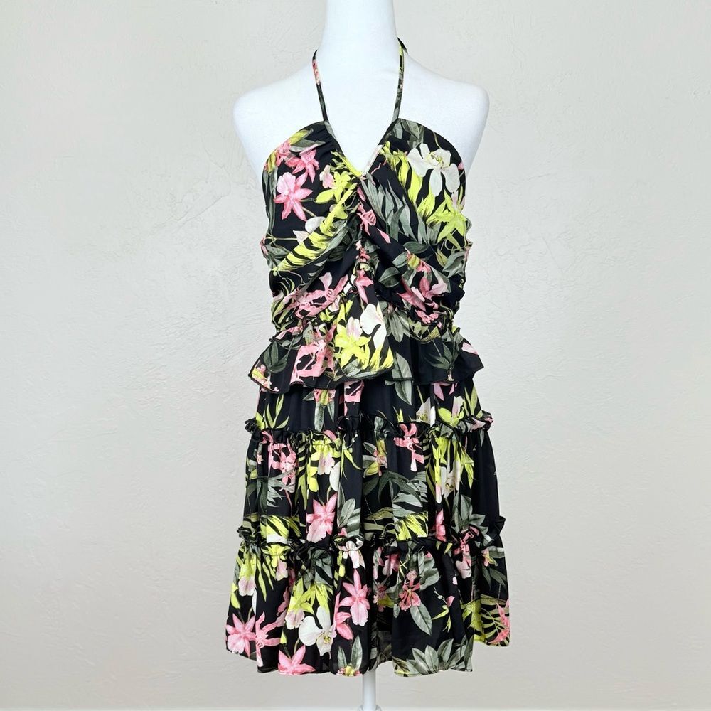 NWT Nicole Miller Presley Chiffon Tiered Tropical Floral Chiffon Halter Dress 12